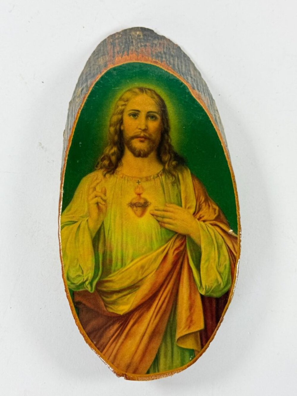 Sacred Heart Jesus Vintage Raw Edge Wood Wall Plaque 9.5 in Long